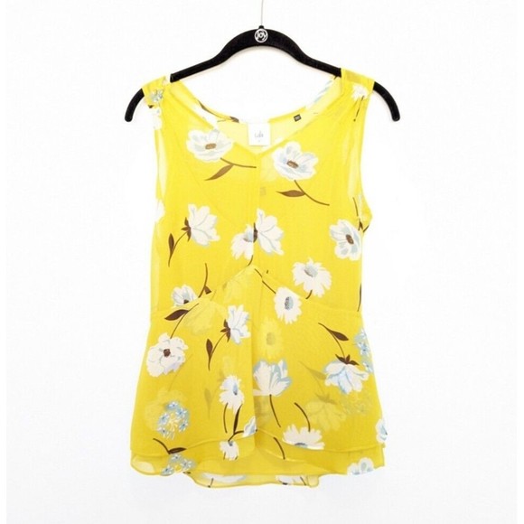 CABI Floral Top Womens Size XS Yellow Sleeveless Chiffon Sheer Ruffle Flowy - Picture 2 of 9